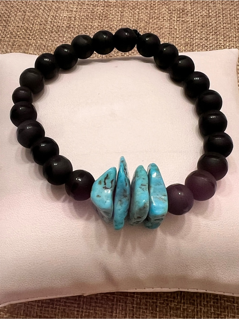 Black Onyx Beaded Stretch Bracelet with Turquoise Stone Accents